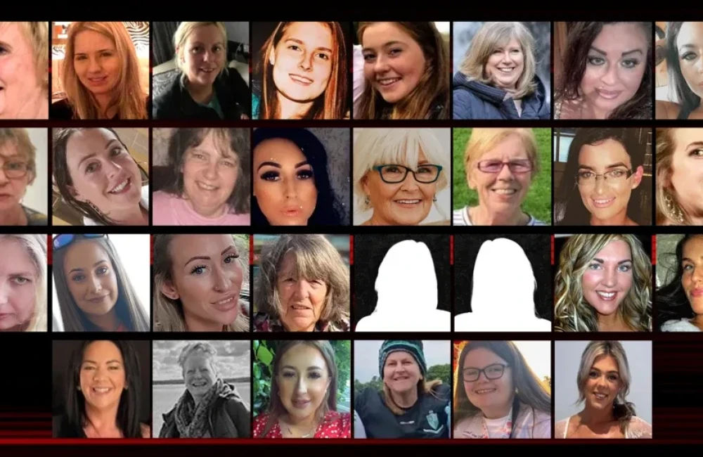 A collage of pictures of 28 of the 30 women who have died violently in Northern Ireland since 2020, with two silhouettes representing the other two women