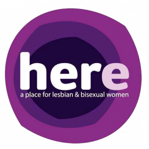 here: a place for lesbian and bisexual women logo in purple and white
