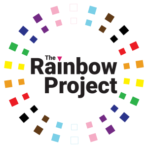 the rainbow project logo with pride colours and black text