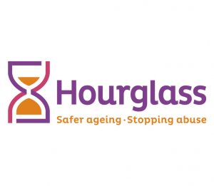 hourglass logo that includes safer ageing stopping abuse in orange and purple