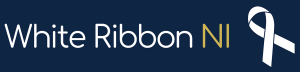 white ribbon logo. Navy blue background, white text and ribbon symbol